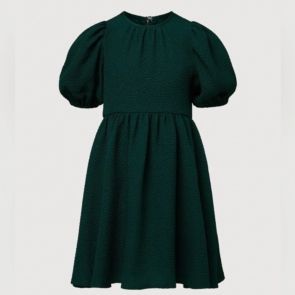 NWT Rachel Parcell Jaquard girls Puff Sleeve Dress in Dark Emerald Green - Picture 2 of 5